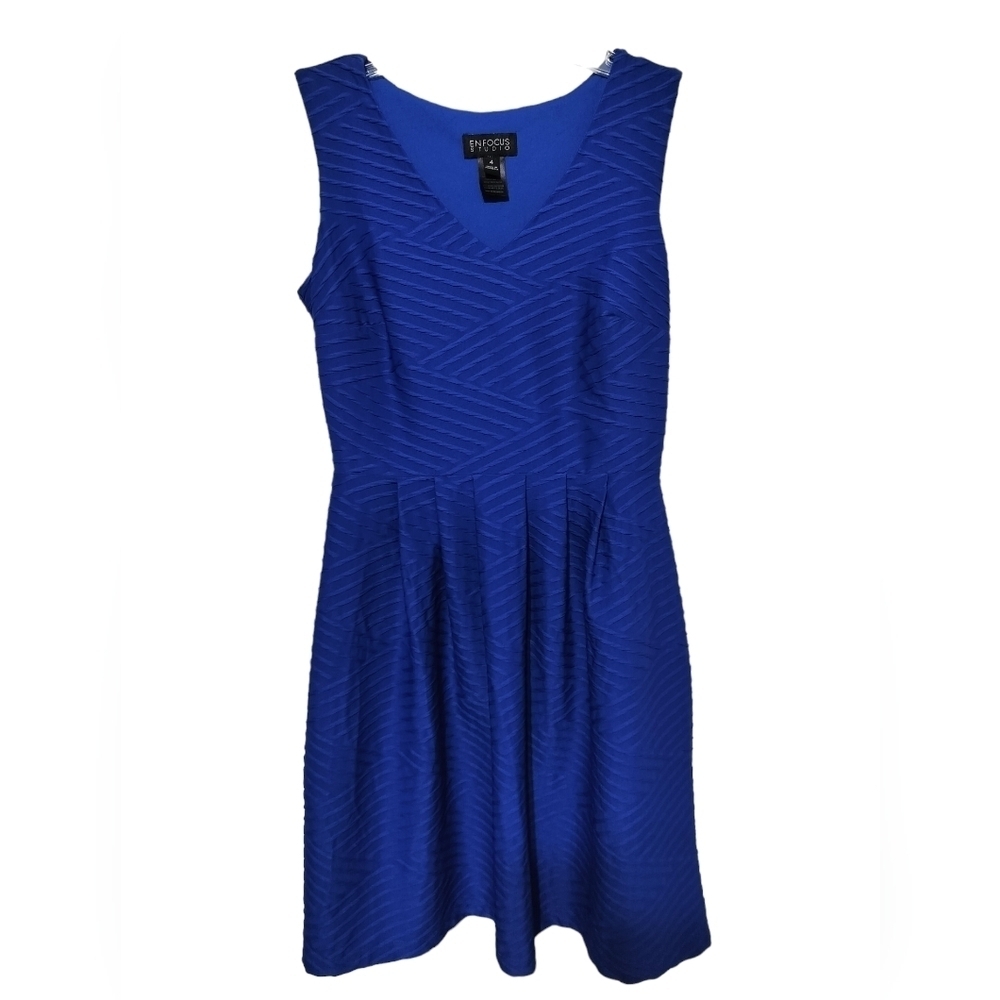 2114)Enfocus Studio Royal Blue Fit & Flare Textured Pullover Cocktail Dress Sz 4